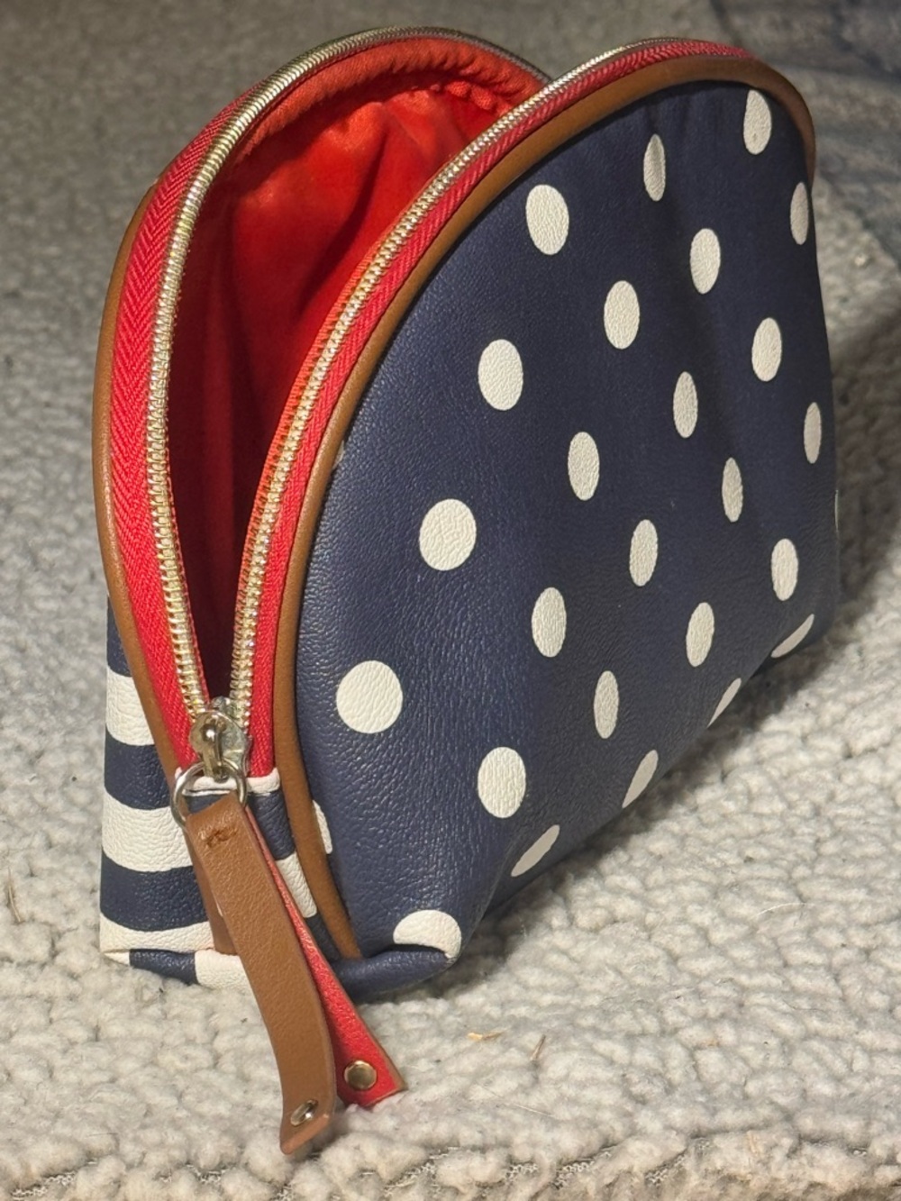 Navy Polka Dot Cosmetic Pouch with Red Zip